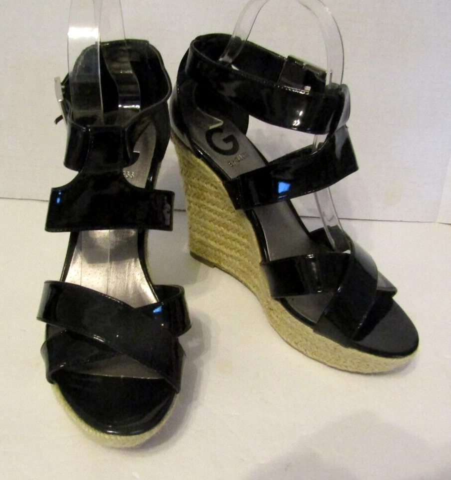 G by Guess Sandals Black Patent Leather Wedge Rope Heels Womens Size 8M - Image 2 of 4
