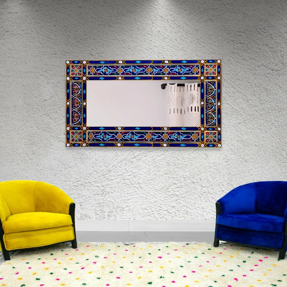 Деревянная желтая горизонтальная полноразмерная марокканская зеркальная рама ручной росписи 61 x 24 дюйма - Изображение 3 из 4