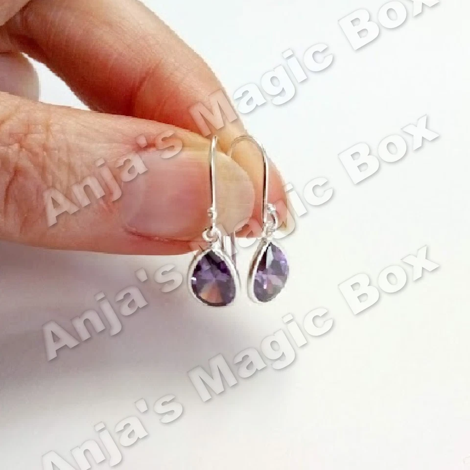 925 Sterling Silver Amethyst Cubic Zirconia Hook Earrings February Birthstone UK - Image 4 of 4