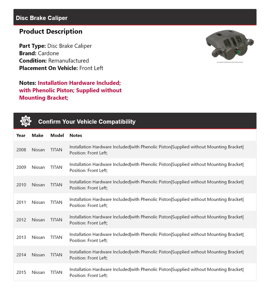 Para 2008-2015 Nissan TITAN pinça de freio a disco dianteira esquerda Cardone 2009 2010 2011 - Imagem 2 de 4