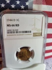 1944-D Lincoln Wheat Cent  ""NGC MS 66 RD""  (Old Style Holder)  **World War 2**