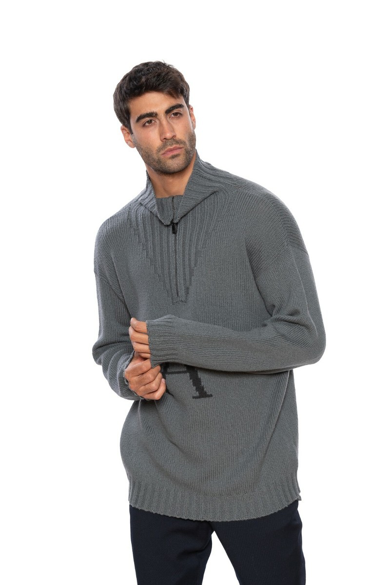 1350$ GIORGIO ARMANI Pullover Sweater with Zip Wool Gray 38 US 48 EU OVER  FIT