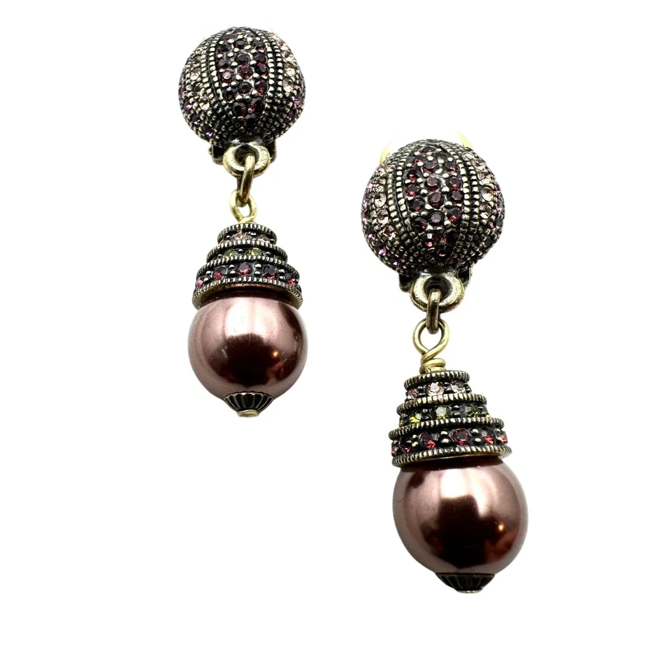 Heidi Daus Purple Crystal Pearl Bronze Clip Earrings Chandelier 2 Inch - Image 2 of 3