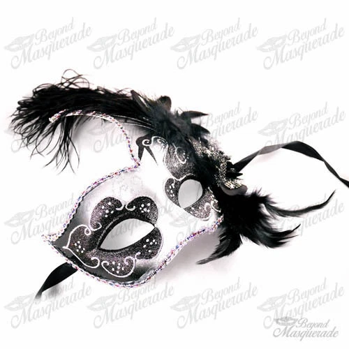 Ostrich Feather Venetian Masquerade Mask for Women M6131 [Black/Silver] - Image 2 of 4