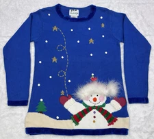 The Quacker Factory Snowman Holiday Christmas Red Bird  Sweater Blue Women S New