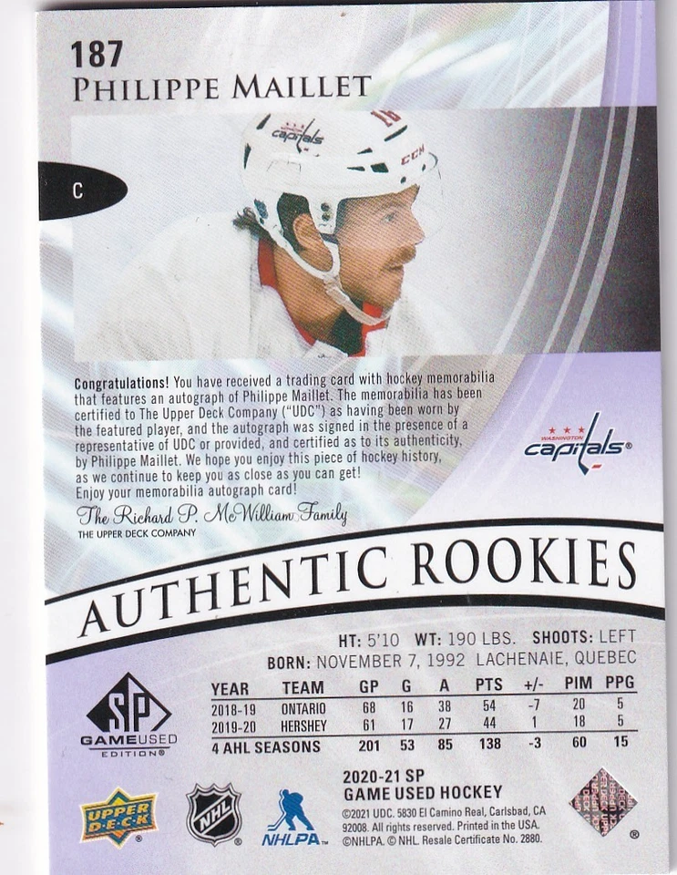 2020-21 SP Game Used Purple #187 Philippe Maillet JSY AUTO 33/65 - Image 2 of 2