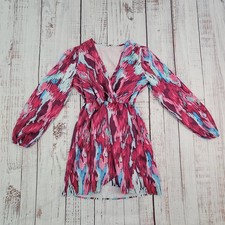 SheIn Pink Blue Watercolor Print Surplice Balloon Sleeve Faux Wrap Dress Small/4