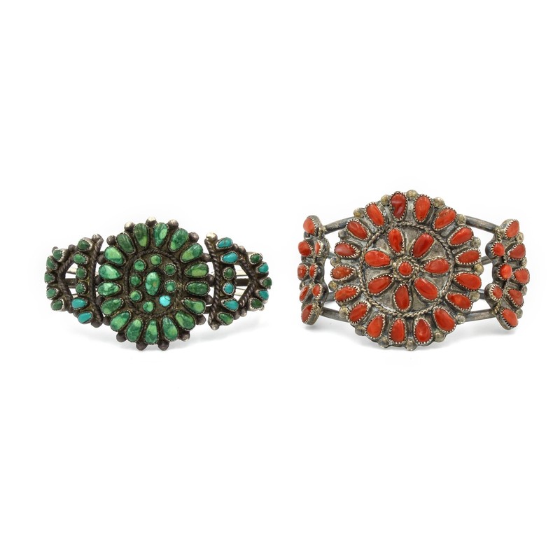 Southwest Sterling Turquoise Red Coral Petit Point 5.5-6" Cuff Lot of 2 #S5634-3