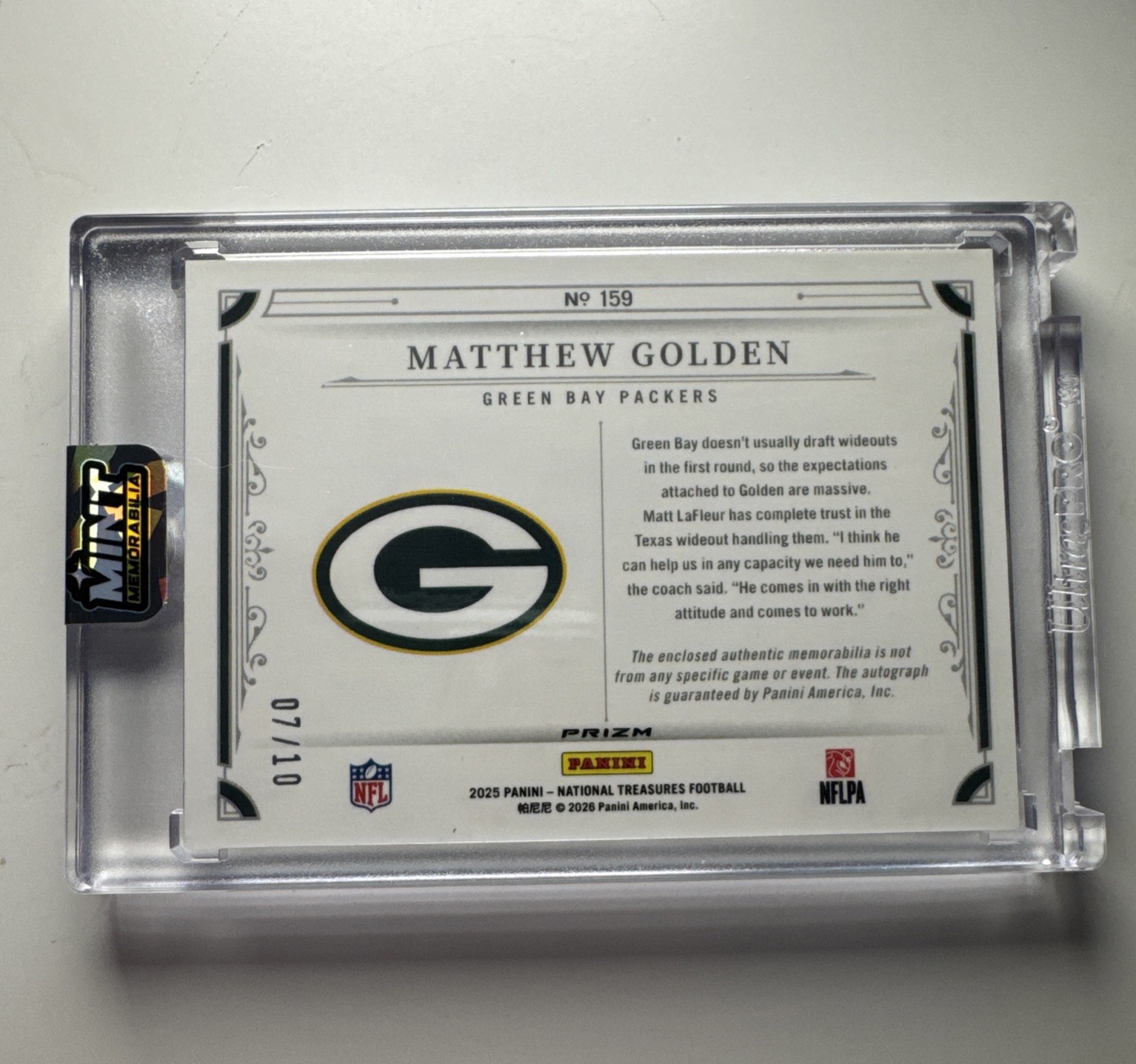 2025 National Treasures Matthew Golden Rookie Patch Auto /10 Nike Swoosh Packers view 2