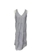 Saks Fifth  Avenue Womens Linen Striped Tier Maxi Dress M Vacation Tropical