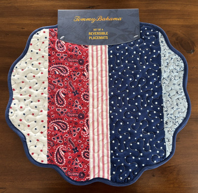 NEW Tommy Bahama Set 4 Scalloped Edged Red White Blue Placemats ~ 4th of July