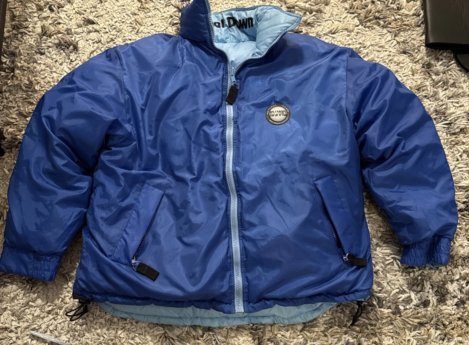 Natural Down Reversible Insulated Puffer Jacket Blue 2-in-1 Winter Coat Size XL
