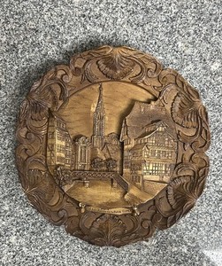 Vintage Strasbourg La Petite France Wood Plaque - Hand-Carved European Village