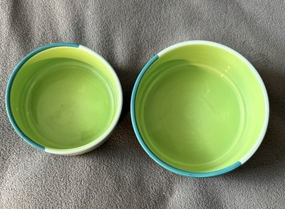 Top Paw Ceramic Pet Bowls Set of 2 Green/Blue/White, Dishwasher Safe