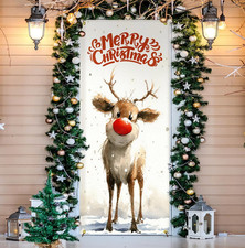 Christmas Reindeer Door Cover Decorations, Merry Christmas Winter Red Nose Reind