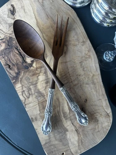 Sterling silver International Silver Wild Rose 2 pc Salad Serving Set Wooden End