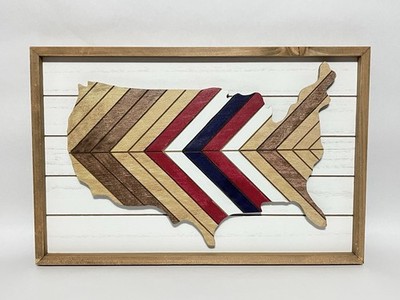 USA Map Wall Art, Herringbone Wood Decor, Framed 12x18 Rustic Style