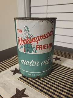 RARE VINTAGE METAL THE WORKINGMANS FRIEND 1 QUART MOTOR OIL CAN EMPTY.