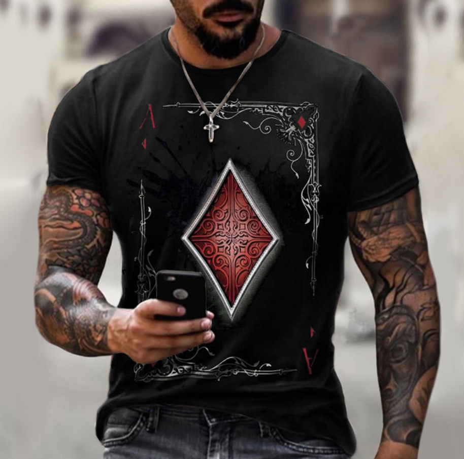 T Shirts Men Fashion Black Short Sleeve Ace of Diamonds Poker Card