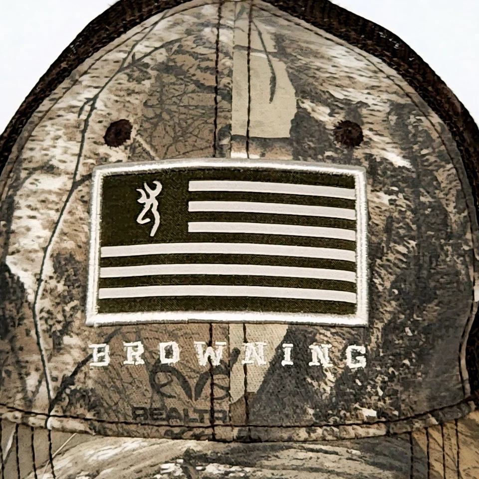 Browning RealTree Camo w/Brown Mesh &  Flag on Front Snapback Hat - Image 2 of 4
