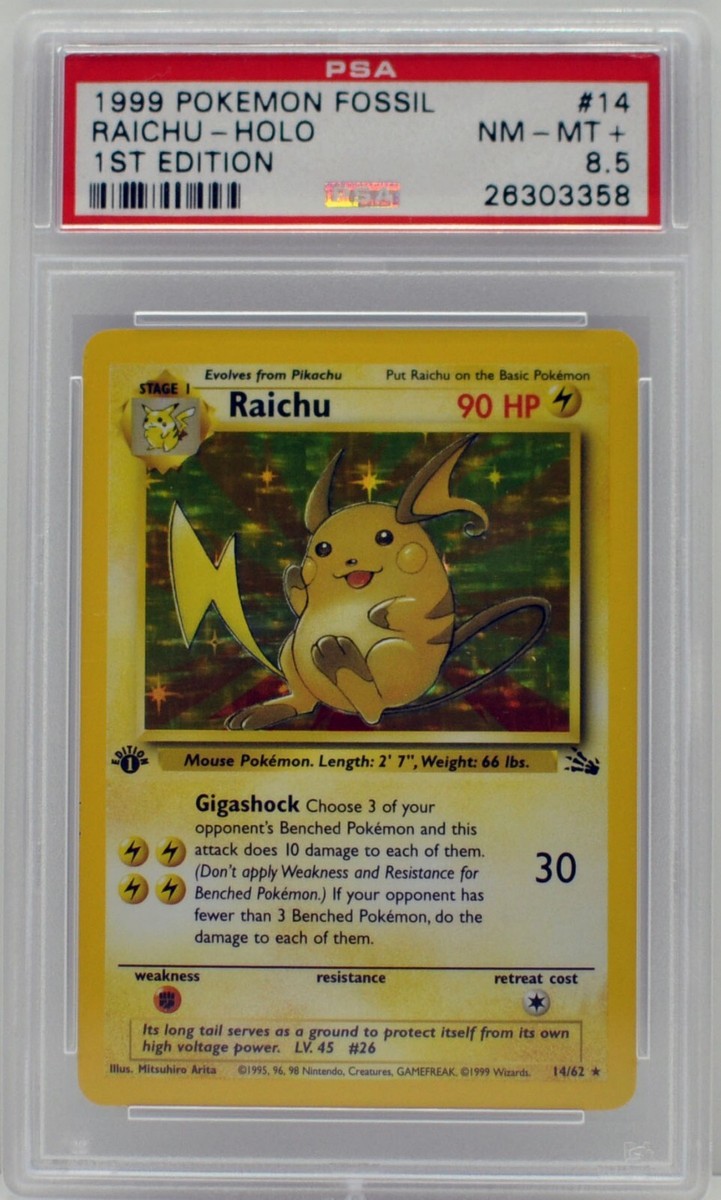 Pokemon 1st Edition Raichu Holo 14/62 Fossil PSA 8.5 NM/Mint