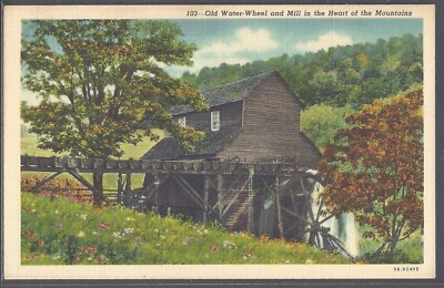 #ad OLD WATER WHEEL and MILL Postcard Linen Heart of the Mountains $5.59