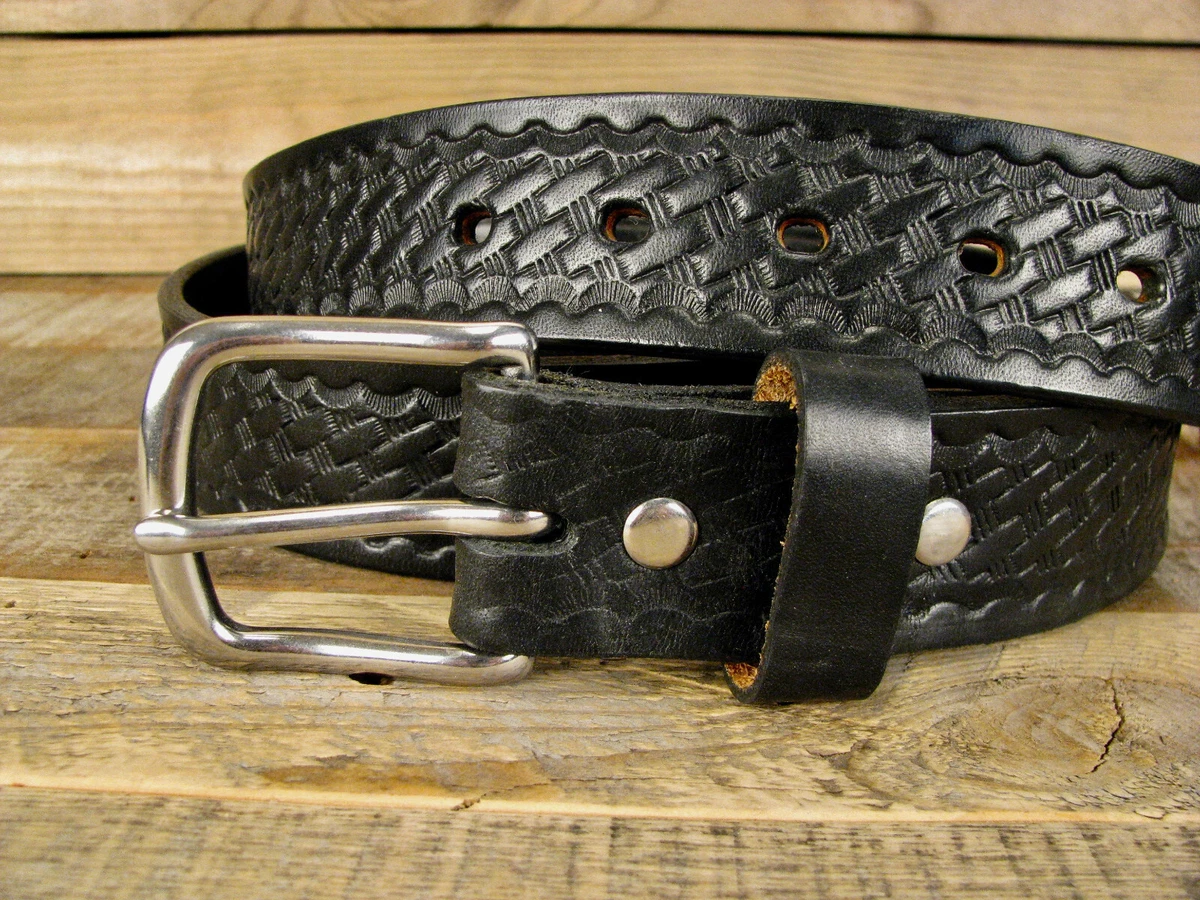 Mens Thick Black Embossed Basket Weave Leather Belt 1.5
