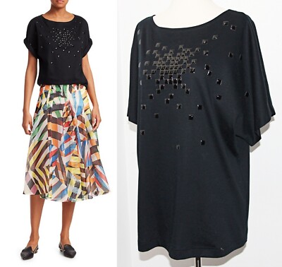 AKRIS Punto Cotton Pixel Studded Dolman Shirt Sleeves Tee in Black  sz L  $395