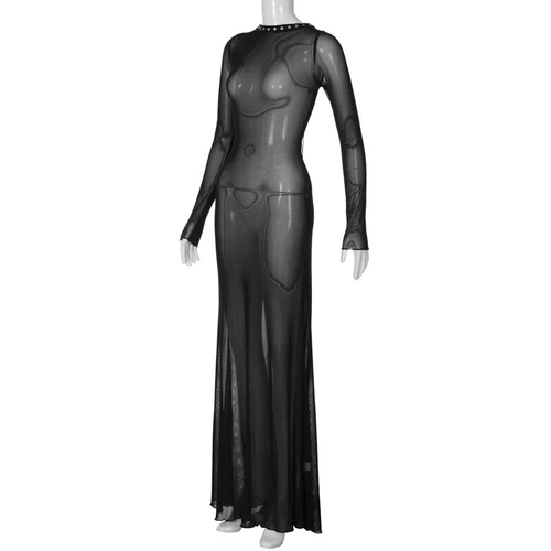 See-Through Mesh Maxi Bodycon Dress Party Evening Sheer Sexy Nightdress Women - Bild 15 von 26