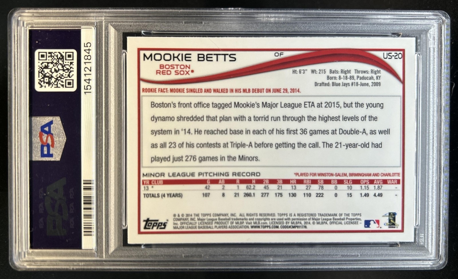 2014 Topps Chrome Update Mookie Betts RC Rookie #US-20 Red Sox PSA 10 GEM MINT view 2