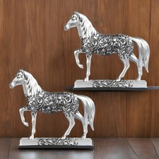 2-PC Gift Set 8"W Decorative Craved Silver Horse Figurine with Base Ornament