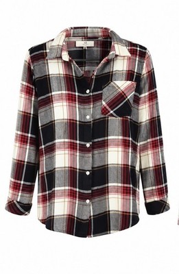 Thread & Supply Plaid Button Up Flannel Blouse Roll Tab Sleeve Size L Red Gray