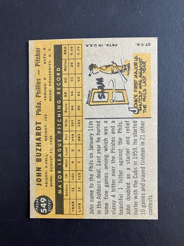 1960 TOPPS # 549 JOHN BUZHARDT - PHILADELPHIA PHILLIES - NM-MT OR BETTER - Afbeelding 2 van 2
