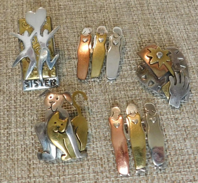 FAR FETCHED Mixed Metals Lot of 5 Lapel Brooch Pins Family Animals Love