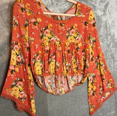 coco + jaimeson S Orange Yellow Floral Boho Bell Sleeve Rayon Blouse Festival 