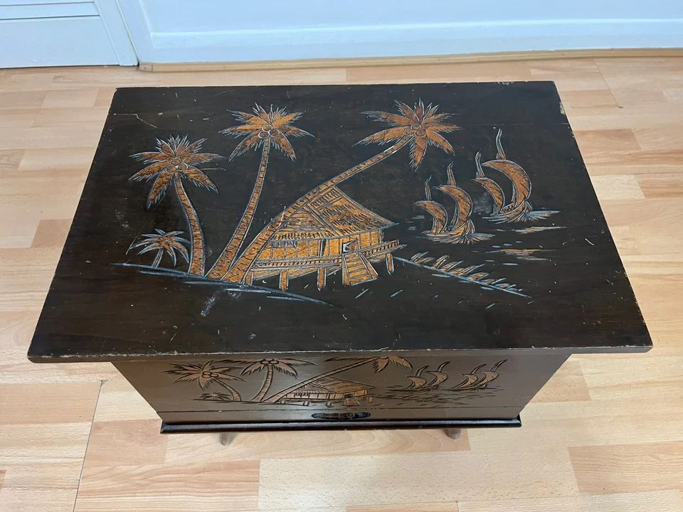 Vintage Wooden Oriental Sewing Table Side Table With Storage & Carved Design - Image 3 of 4