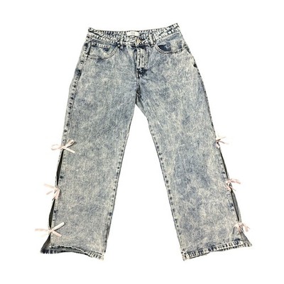Rise Supply Co Acid Wash Wide Leg Jeans Pink Bow Side Slit Blue Juniors Size 13
