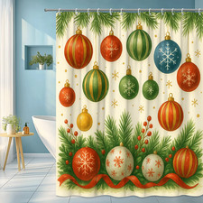 Christmas Shower Curtain with Colorful Ornaments and Pine Design