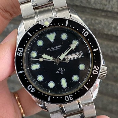 RARE Solvil et Titus Diver Automatic 40-8032-68 Day Date Black Dial Sport Watch