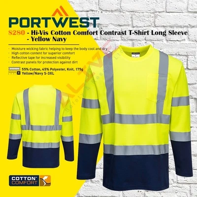 Portwest S280 Hi-Vis Cotton Comfort Contrast T-Shirt Long Sleeve - Yellow Navy
