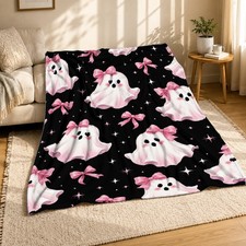 Halloween Ghosts Pink Bows Coral Fleece Blanket Cute Spooky Decor