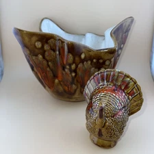 MCM Vintage Planter & Turkey Gold, Brown, & Orange Ceramic Drip Glaze Ceramic