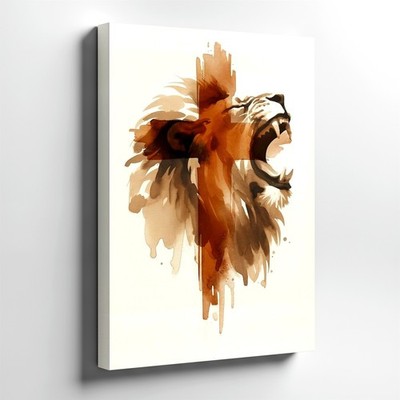 Canvas Roaring Lion Watercolor Painting Wildlife Cross Animal Aesthetic Print