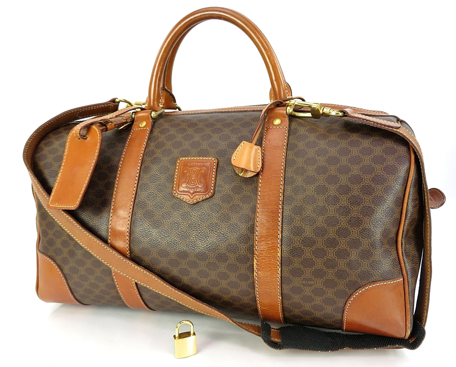 Authentic CELINE Brown Canvas and Leather Boston Duffle Gym Bag #62367