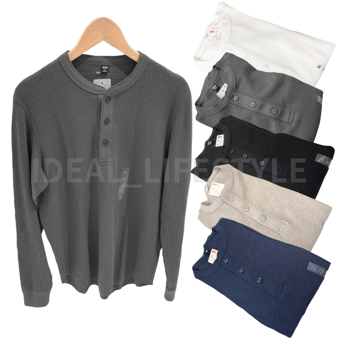 UNIQLO Waffle Henley Neck Long-Sleeve T-Shirt S-4XL Round