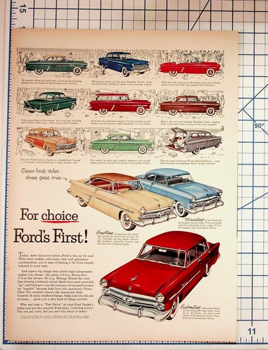 1952 Ford Cars Vintage Magazine Ad Crestline Mainline Customline Automobilia