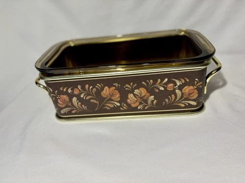 Pyrex Vintage Amber Glass Loaf Pan 213 Floral Design Metal Carrier