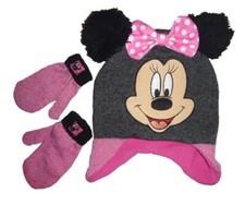 Toddler Girls MINNIE MOUSE Fleece Lined Trapper Hat Mittens OSFM Pom Poms NWT