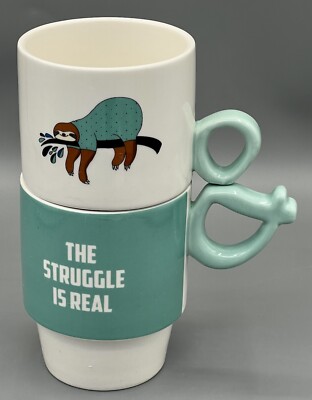 COCO & LOLA 2 Stacking Mugs Sloth The Struggle Is Real Turquoise Coffee Tea Cups