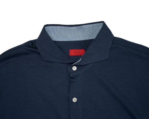 Camisa Jersey Isaia $995 Nueva con Etiquetas Azul Oscuro Seda Mezcla Algodón Calce Ajustado (43 IT) 17 EE. UU. - Imagen 2 de 6